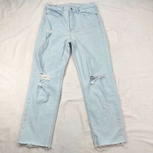 OLD NAVY WOMENS EXTRA HIGHRISE SKY-HI STRAIGHT RAW HEM LIGHT WASH BLUE JEANS 10